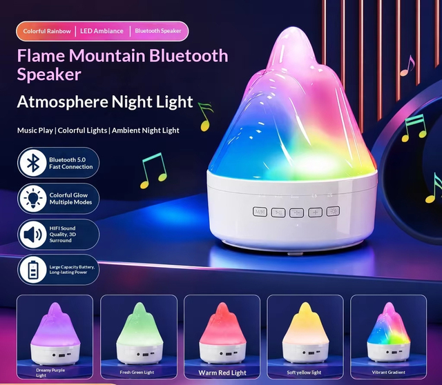 LED Flame Effect Bluetooth Speaker Ambient Light, RGB Colorful Rechargeable Music Night Light for Desktop