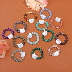 Espaciador de cabeza de gato de concha blanca Natural, piedra preciosa de cristal curativo turquesa sintética, anillos de dedo ajustables con cuentas redondas para mujer - Product Image 1