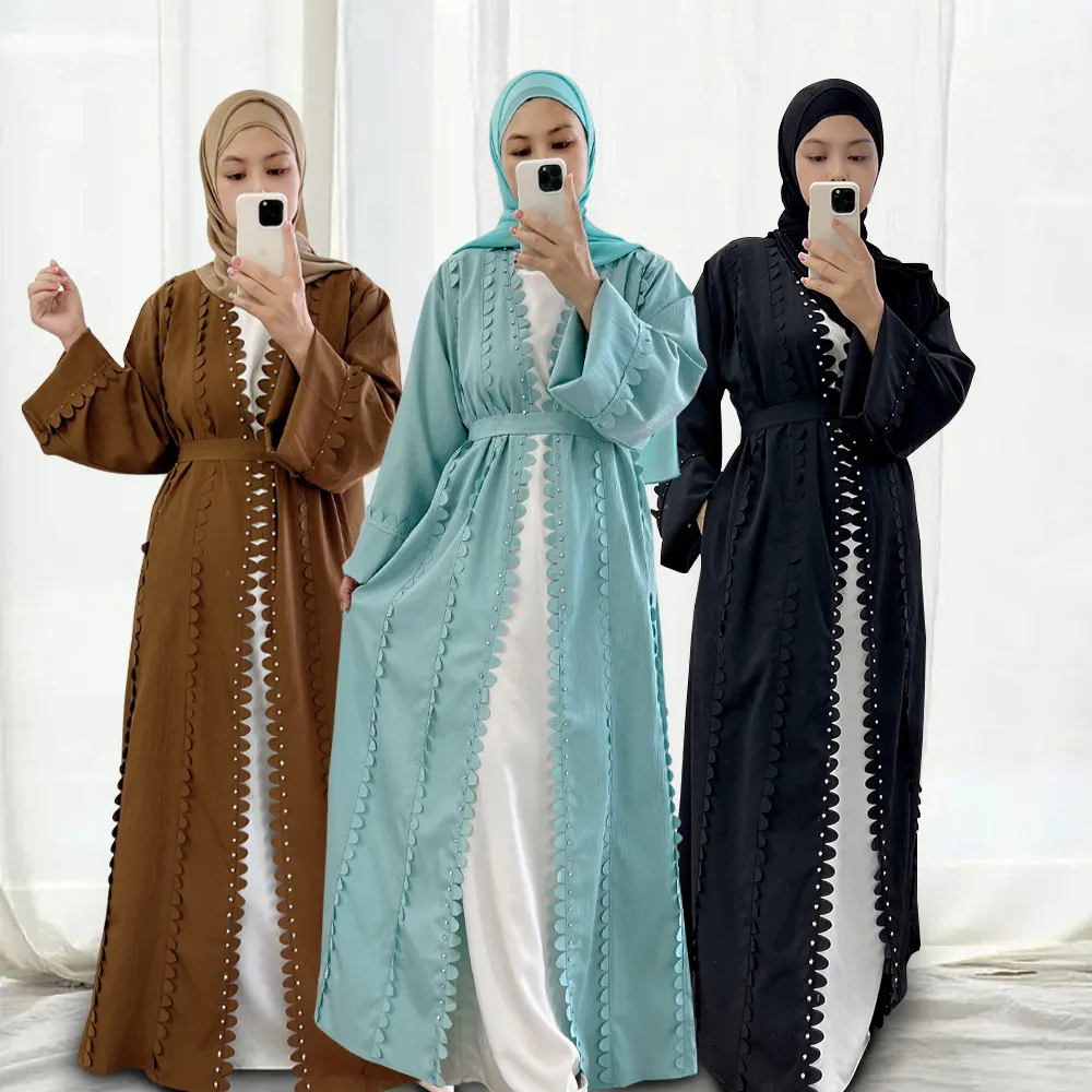 2022 moda zarif müslüman çarşaf elbise kirmizi ve Petaloid dekorasyon Loriya açık Abaya müslüman kadınlar için