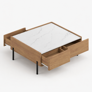 Table basse moderne à lattes avec étagère ouverte et pieds en métal pour salon - Product Image 2
