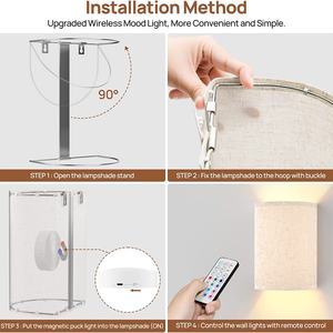 Lámpara de Pared Inalámbrica Magnética con Colores RGB Regulables, Pantalla de Tela de Lino y Control Remoto, Funciona con Batería - Product Image 5
