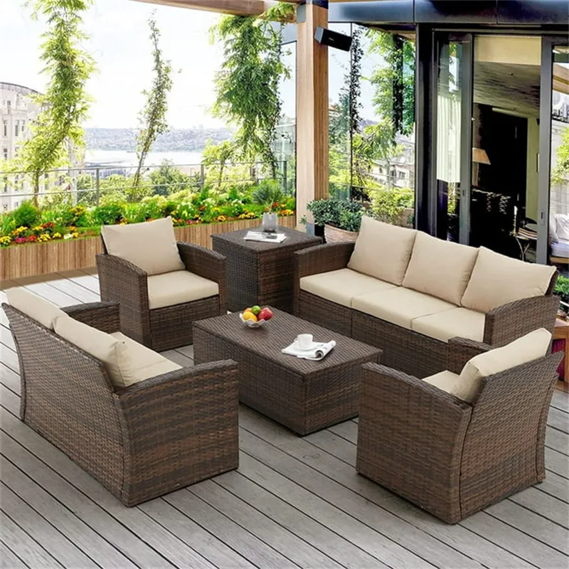 Custom easy-to-maintain 7 pieces handwoven PE rattan wicker outdoor furniture patio sofa set