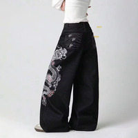 Pantalon en jean large brodé motif dragon style rétro américain – Noir, taille haute, longueur ras du sol