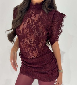 Robe élégante pour femmes Viviblook Z0128DS, robe de soirée sexy à col haut, transparente, avec dentelle et patchwork, robe mini plissée - Product Image 1