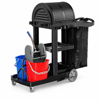 Chariot de nettoyage commercial pour hôtels avec couvercle coulissant, étagère de rangement, sac en nylon latéral et essoreuse à serpillière