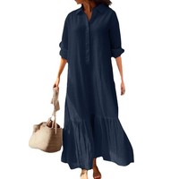 Robe longue décontractée en polyester, nouveau style 2026, à manches longues, coupe ample, avec volants, motif uni, taille naturelle, pour 261700S