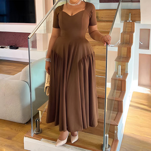 Robe longue plissée à double épissure pour femme, col en V, manches courtes, coupe trapèze, ajustée, unie, décontractée, printemps-automne - Product Image 2
