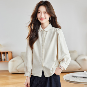 Cotton Corduroy Long-Sleeved <strong>Shirt</strong> <strong>for</strong> <strong>Women</strong> Spring and Autumn New Pleated Lapel Button Cardigan Shoulder Top - Product Image 1