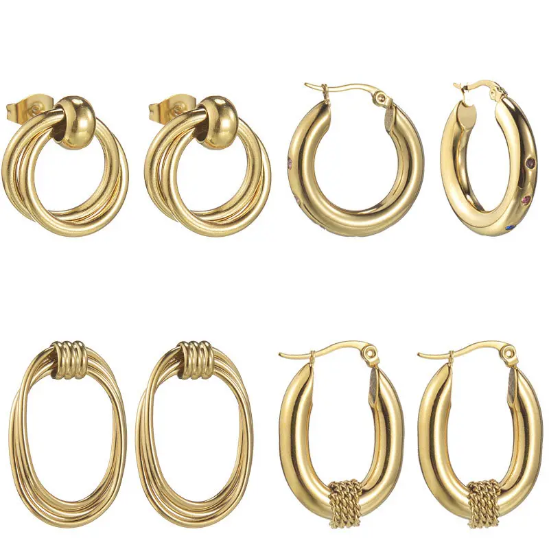 Fashion 14K Gold Plated Daily Women's diamond Circle Stainless Steel Gold Hoop Earrings Women