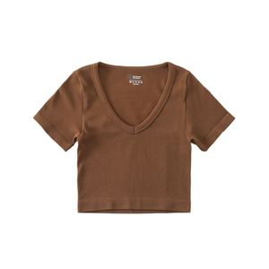 Top Corto da Donna a Maniche Corte con Scollo a V, Tinta Unita, Senza Cuciture, in Maglia a Costine Elasticizzata, Stile Streetwear Casual - Product Image 5