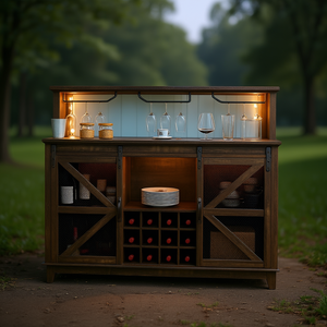 Mobiletto portabottiglie in stile rustico da 55 pollici, in legno massello marrone scuro anticato, con luci e ripiani in vetro per cucina e sala da pranzo - Product Image 2