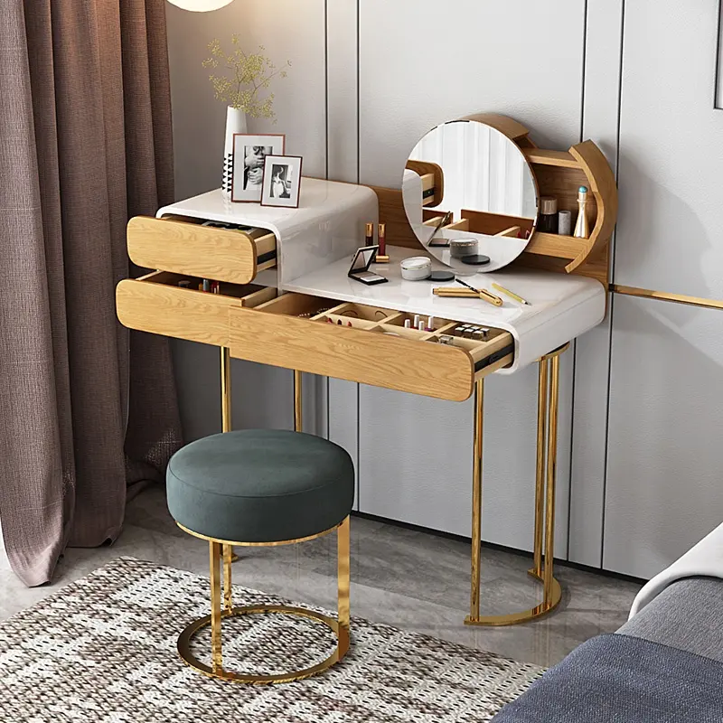 Yeni varış Modern yatak odası mobilyası altın paslanmaz çelik bacaklar basit ahşap tuvalet masası makyaj