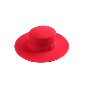 Nhà Máy Thời Trang Giản Dị Big Brim Red Bất Len Flat <span class=keywords><strong>Top</strong></span> Cảm Thấy Cạnh Đường Ống Hat Với Ribbon Ban Nhạc - Product Image 2