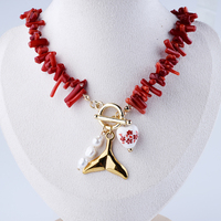 Collier de mode pour femme de style classique, perles de pierres précieuses avec perles de semi-corail rouge, pendentif sirène en acier inoxydable