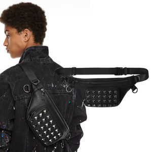 <span class=keywords><strong>Riñonera</strong></span> de piel vegana con logotipo personalizado para hombre, Cangurera negra con tachuelas, cinturón con remaches Rock - Product Image 1