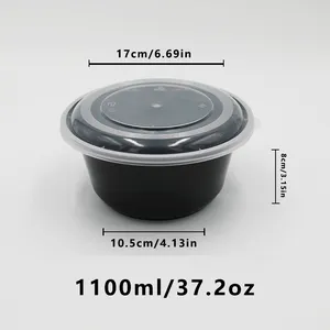 Siap untuk dikirim 37 OZ hitam bulat plastik PP Microwave-mangkuk aman dengan tutup 1100 ml wadah makanan sekali pakai untuk saus sup panas