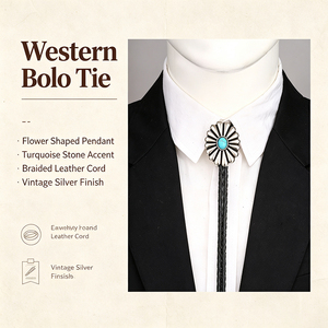 Cravate Bolo Sud-ouest en alliage de zinc avec pendentif en pierre turquoise, cordon en cuir tressé, ton argenté vintage, accessoire décontracté - Product Image 2