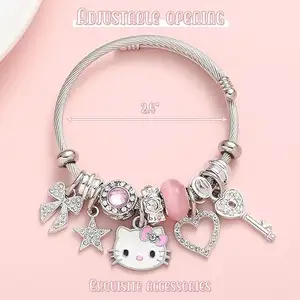 Bracciale gattino rosa cartone animato con perline, bracciale regolabile in acciaio inox, braccialetto anime dei cartoni animati per le donne