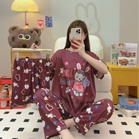 Ensemble de vêtements de maison pour femmes T6202 à manches courtes et pantalon long en trois pièces avec motif de dessin animé