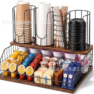 Organizador de café de hierro de 2 niveles, estante de metal y madera para tazas, cápsulas, bolsitas de té, almacenamiento para oficina y hogar. - Product Image 5