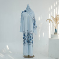 Nouvelle Abaya ouverte pour femme 2026, motif floral bleu ciel, ensemble en mousseline avec hijab, tenue musulmane, robe Abaya modeste pour femme
