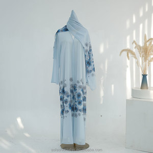 Vestido Abaya Abierto Personalizado 2026 con Estampado Floral Azul Cielo para Mujer, Conjunto <span class=keywords><strong>de</strong></span> Chifón con Hiyab, Atuendo Musulmán Modesto, Vestido Abaya para Mujer - Product Image 5