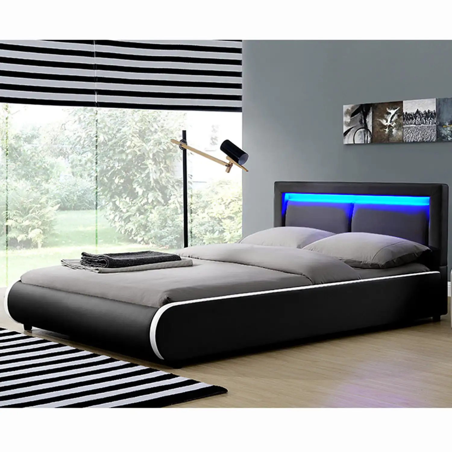 Современная кровать королевского размера со светодиодной подсветкой, белая кровать из искусственной кожи с мягкой обивкой, кровать большого размера, мебель для спальни