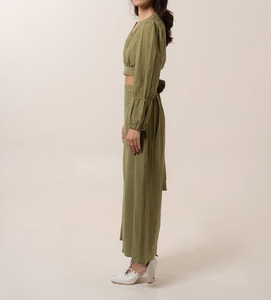 Set Estivo da Donna in <span class=keywords><strong>Lino</strong></span> Marrone, 2 Pezzi, <span class=keywords><strong>Camicia</strong></span> a Maniche Lunghe e Gonna Lunga a Vita Alta, OEM - Product Image 3