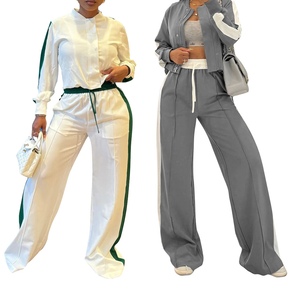 ชุดเซ็ต 2 ชิ้น เสื้อแขนยาวแต่งขอบถักสไตล์ลำลองสำหรับผู้หญิง ฤดูใบไม้ร่วง/ฤดูหนาว พร้อมกางเกงขายาวทรงกว้าง สปอร์ต แฟชั่น - Product Image 1