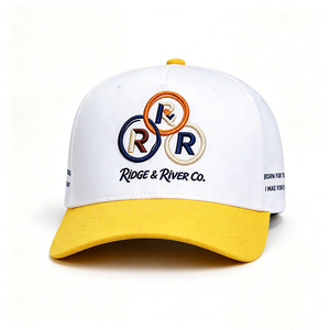 Gorra de Béisbol Bicolor Blanca y Amarilla 100% Algodón, Bordado Ridge River Co, Estructurada de 5 Paneles, Unisex para Exteriores con Puntos en Contraste - Product Image 3