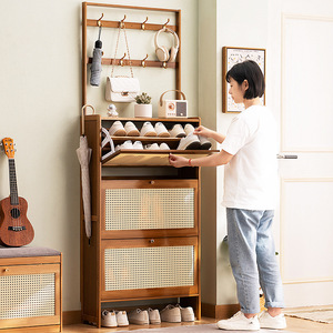 Ultra-Thin Bamboo Rattan Modern-Style Double Tier <b>Stackable</b> Floor Standing Shoe Rack Three-Tier <b>Storage</b> Space-Saving for - Product Image 5