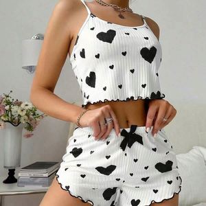 Ensemble de pyjama d'été tricoté pour femme, 2 pièces, débardeur court et short, logo frontal, taille élastique, S M L, blanc, respirant et doux - Product Image 4