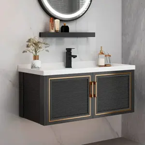 Lüks Modern ince kenar Vanity Top tek siyah yüzen banyo tezgah seti Drop-In seramik lavabo dolabı