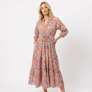 Women's Casual <b>Loose</b> Fit V-neck Long Sleeve Vintage Floral Print Midi Length Cotton Breathable Natural Waist Wrap Beach <b>Dress</b> - Product Image 1