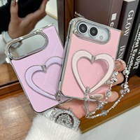 Coque de luxe électroplaquée pour iPhone Duo, étui de téléphone mignon avec support en forme de cœur creux et dragonne détachable en perles de cristal