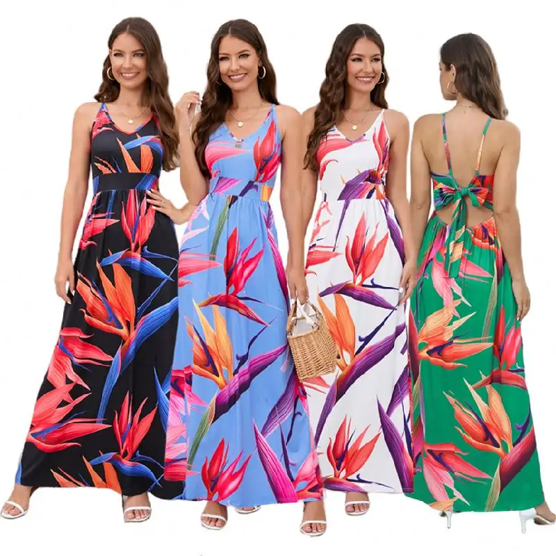 2023 New Arrivals Printing Spaghetti Strap Summer Dress Beach Holiday Maxi Party Dressrs long dresses women