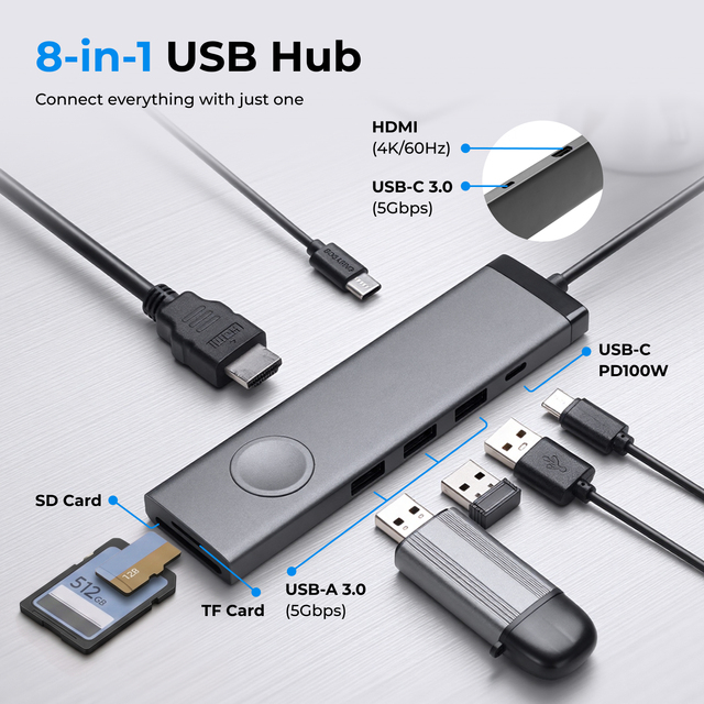 8-in-1 Portable USB Hub Slim Docking Station with Switch 3.0 USB Port SD/TF Card Reader 5Gbps for Laptop Computer Data Transfer