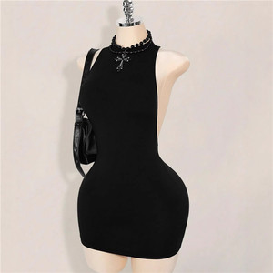 Mini Abito Sexy con Schiena Scoperta e Collo all'Americana per Donna, Vestito Estivo Tinta Unita per Feste, Taglia XS - Product Image 2