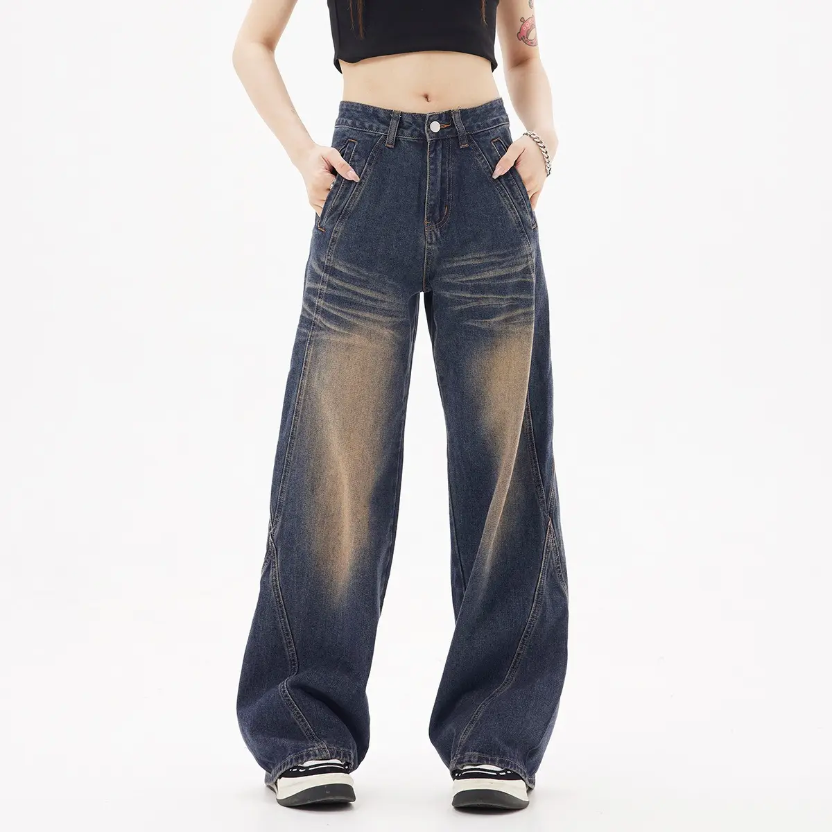 2024 Damen amerikanisches Retro-Design Wasch-Stil Gerade Beine Jeans