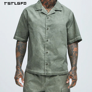 ชุดเซ็ตเสื้อเชิ้ตคอปกพับติดกระดุมและกางเกงขาสั้นคาร์โก้ผ้าฝ้ายแท้ 100% ทรงพลัสไซส์ ล้างสีแบบแอซิดวอช สำหรับผู้ชาย ผลิตตามแบบ OEM - Product Image 5