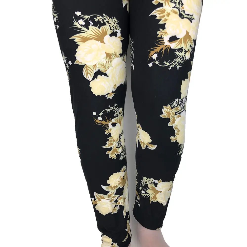 NEW Women Wholesale 92/8 Polyester Spandex Brushed Soft Quality Plus Size Black Flowers Leggings