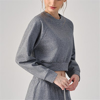 Sweat-shirt décontracté à manches longues en coton mélangé, col rond, respirant, coupe courte, pour femme