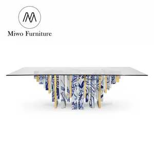 2023 newest design Modern luxury style painted tiles brass base tempered glass rectangle dining table high end furniture