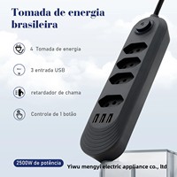 Filter Soket Ekstensi 4/5/6 Outlet Standar Brasil dengan Kabel USB Pintar 2m, Konstruksi Aluminium Berlapis Tembaga ABS