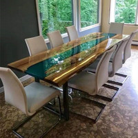 Meuble d'extérieur de luxe en résine époxy, table rectangulaire, en bois massif, pour restaurant, 15 pièces