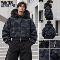 Sweat à capuche zippé unisexe surdimensionné et épais, motif camouflage marine, avec fermeture éclair bidirectionnelle et bordure en fourrure, style streetwear, fournisseur en gros pour marques