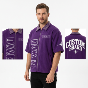 T-shirt graphique à manches courtes pour homme, violet, col zippé, imprimé lettres à rivets, style streetwear oversize - Product Image 6