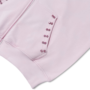 Sudadera con capucha rosa claro extragrande para hombre con cremallera, logotipo personalizado, adornos de perlas y piedras, ropa urbana gráfica, ODM OEM al por mayor - Product Image 5