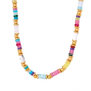 Collier de perles bohème français de luxe baroque rétro colorées en pierre naturelle fait main en acier titane collier plaqué or 18 carats