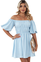 Robe mini éco-responsable unie pour femme, coupe trapèze, épaules dénudées, manches lanternes, taille smockée et taille haute, ODM/OEM